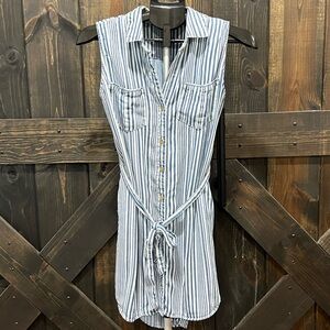 Velvet Heart Belted Shirt Dress S Striped Blue White Tencel Collared Coastal